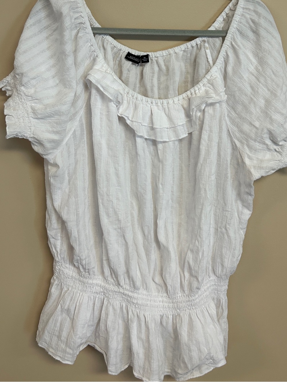 Notations White Peasant Peplum Tunic with Ruffle Neck